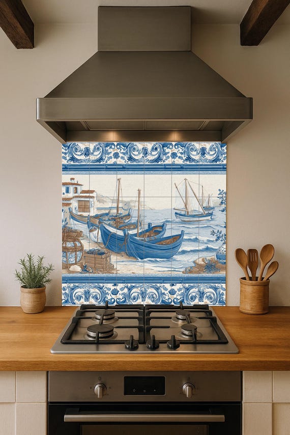 Mural de azulejos con barcos pesqueros mediterráneos — vista 4