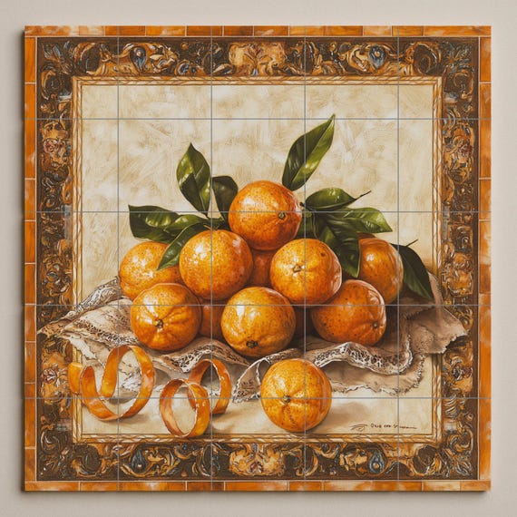 Mural de azulejos de cerámica con naranjas, cáscaras rizadas, tela de encaje … — vista 3