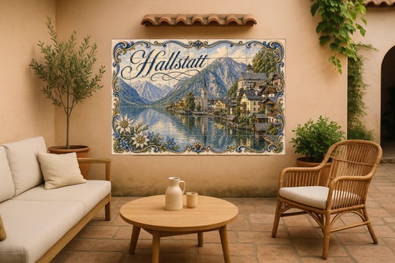 Mural de azulejos de cerámica de Hallstatt, pueblo alpino junto al lago en Au…