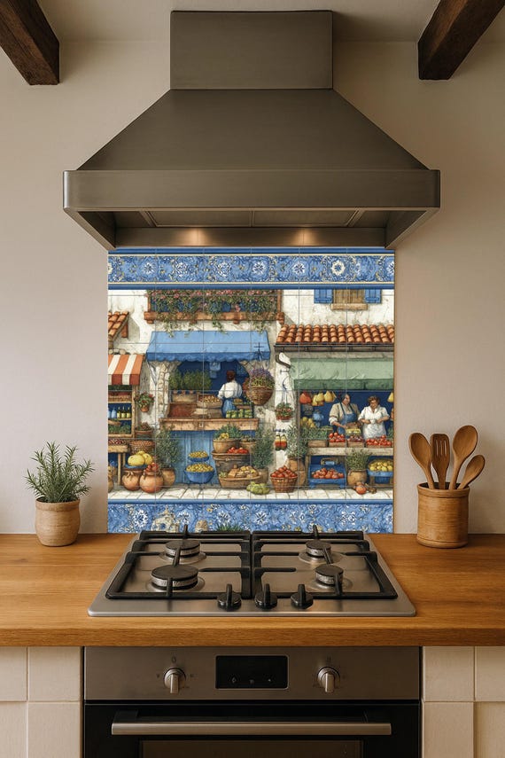 Mural de azulejos de un mercado mediterráneo — vista 3