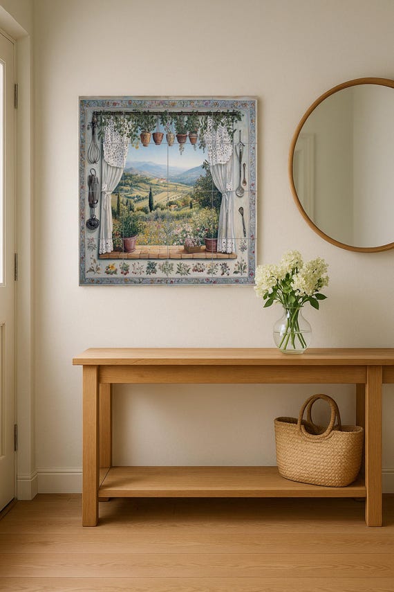 Mural de azulejos de cerámica con vista a la campiña toscana y colinas de viñ… — vista 2