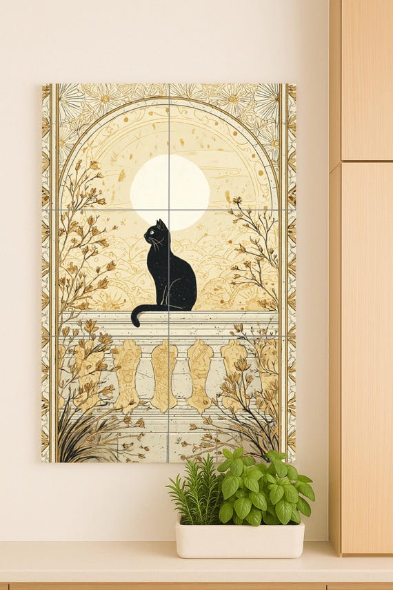 Gato negro bajo la luna dorada
