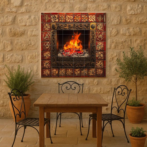 Mural de azulejos de cerámica con chimenea encendida y llamas brillantes, bor… — Mural cerámico de Cerámicas La Noria