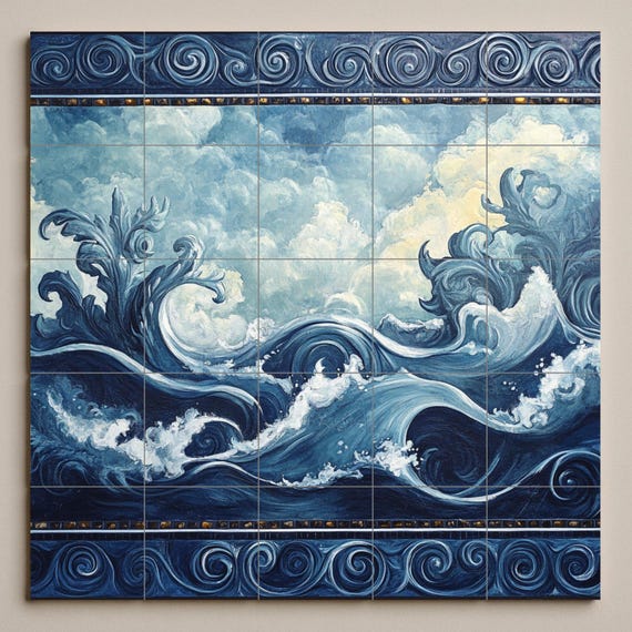 Mural de pared de cerámica con olas del océano y diseño de nubes y mar en esp… — vista 3