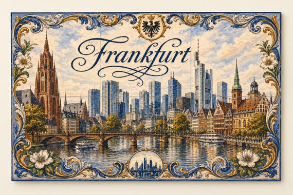 Mural de azulejos de cerámica de Frankfurt, Alemania, con vista panorámica de… — vista 3