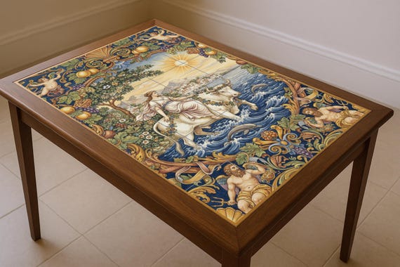 Mural de cerámica de El Rapto de Europa, mito griego, panel de azulejos clási…