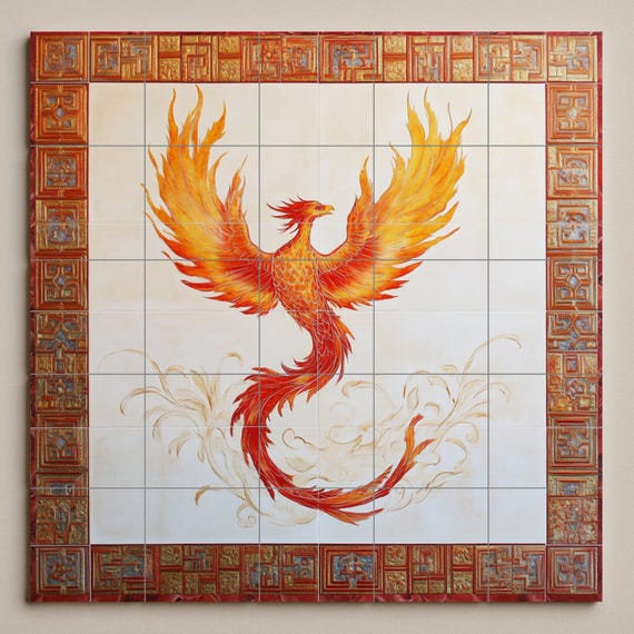 Mural de pared de cerámica de fénix con ave mitológica ardiente y borde ornam… — vista 3