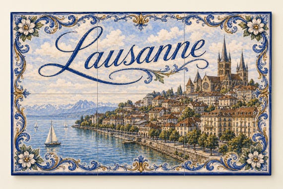 Mural de azulejos de cerámica de Lausana, Suiza; arte mural del lago Lemán; d… — vista 3