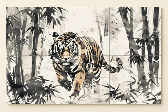 Mural de azulejos de tigre con lavado de tinta — vista 2