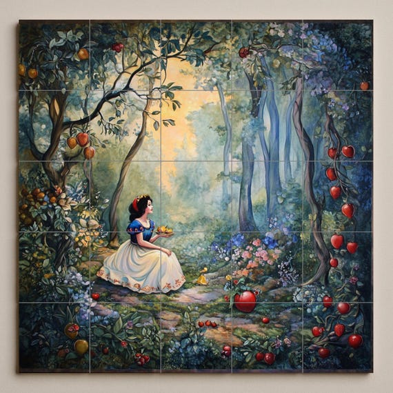 Mural de pared de cerámica de Blancanieves con bosque encantado y manzanas, a…
