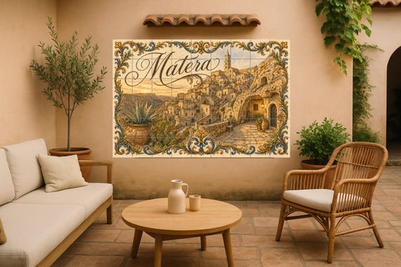 Matera Italia Mural de azulejos cerámicos, Sassi di Matera Wall Art, Decoraci… — vista 3