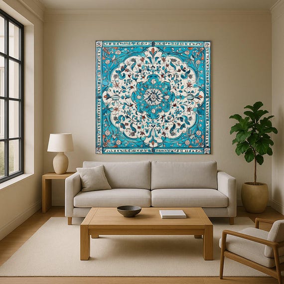 Mural de cerámica turquesa y blanca — vista 2