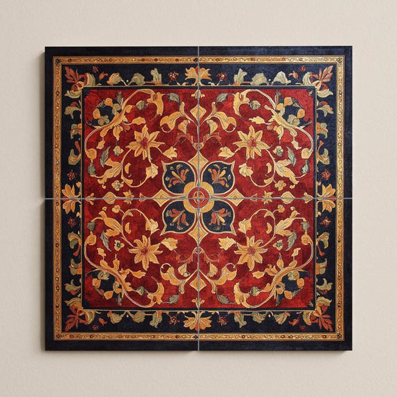 Mural de cerámica ornamental con diseño floral dorado y tapiz rojo — vista 3