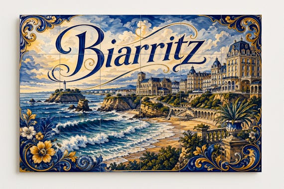 Mural de azulejos de cerámica de Biarritz, arte mural costero francés con el … — vista 4