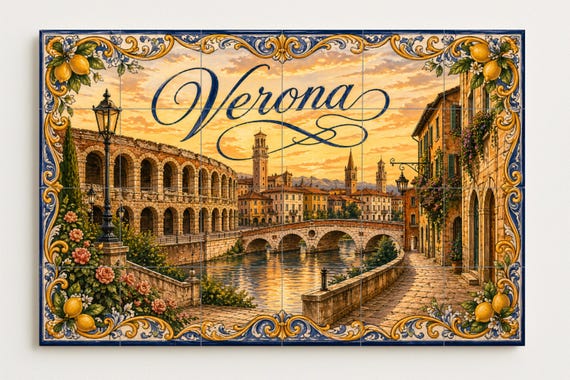 Mural de azulejos de cerámica de la Arena Romana de Verona, decoración románt… — vista 4