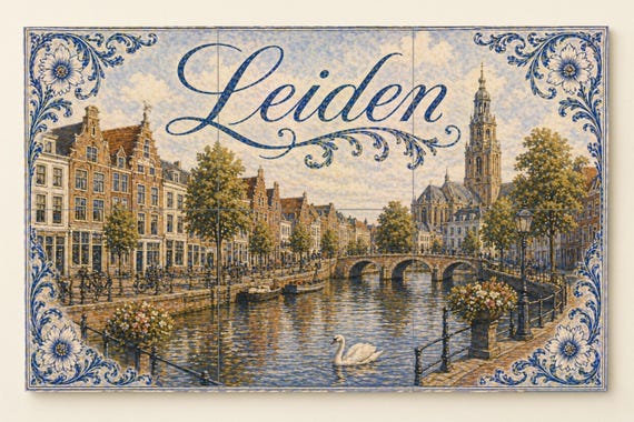 Mural de azulejos de cerámica de Leiden, Países Bajos, arte mural histórico d…