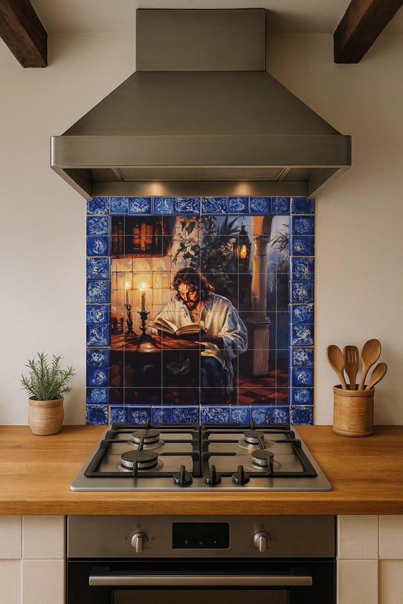 Mural de pared de cerámica clásico con hombre leyendo a la luz de las velas, …