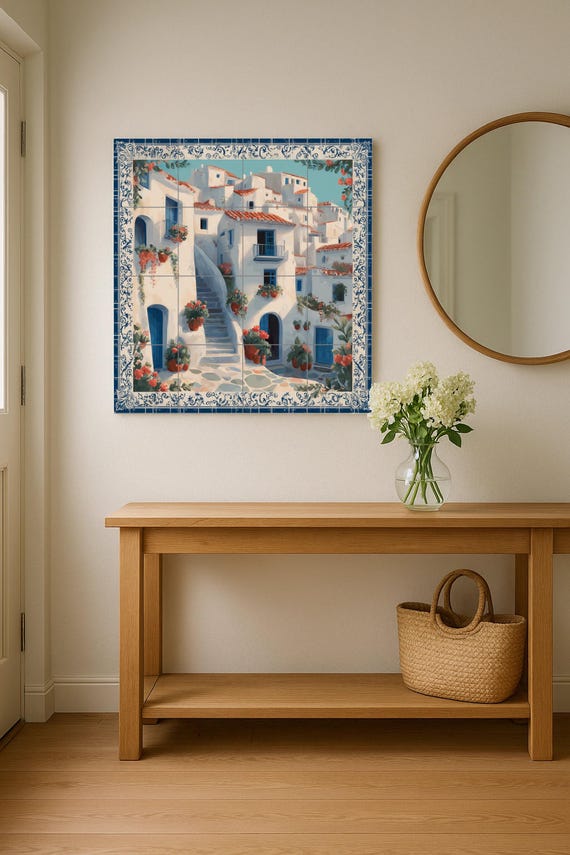 Mural de azulejos con escaleras de pueblo griego, escena de puerta azul medit… — vista 2