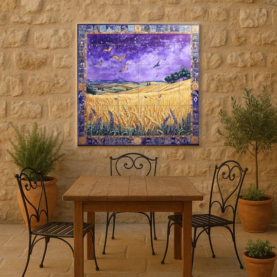 Mural cerámico de un campo de trigo en una noche estrellada — Mural cerámico de Cerámicas La Noria