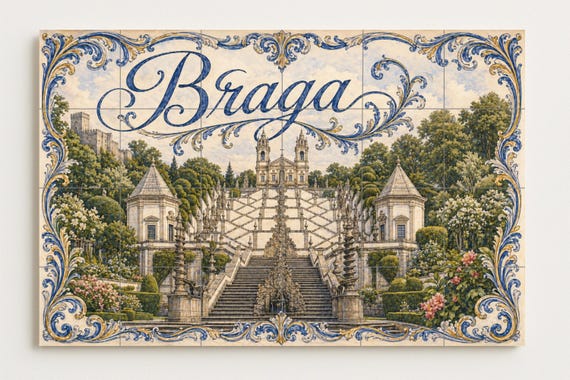 Mural de azulejos de cerámica de Braga, Portugal, Santuario de Bom Jesus y de… — vista 4