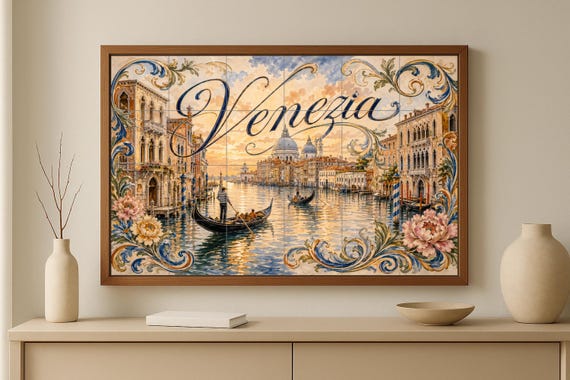 Mural de azulejos de cerámica del Gran Canal de Venecia, decoración romántica… — vista 3