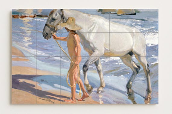 Mural de azulejos de baño con caballos de Sorolla — Mural cerámico de Cerámicas La Noria
