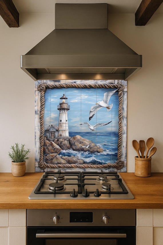 Mural de pared de cerámica de faro costero con gaviotas sobre olas del océano… — vista 2