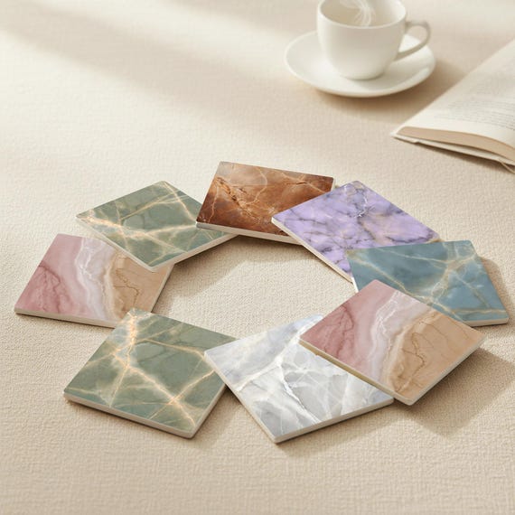 Texturas de mármol en tonos pastel, ónix rosa, mármol verde y azulejos