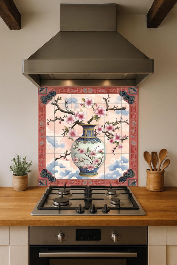 Mural de cerámica con jarrón de porcelana china