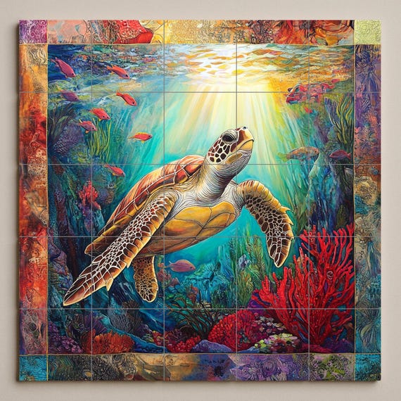 Mural de azulejos de cerámica con diseño de tortuga marina — vista 3