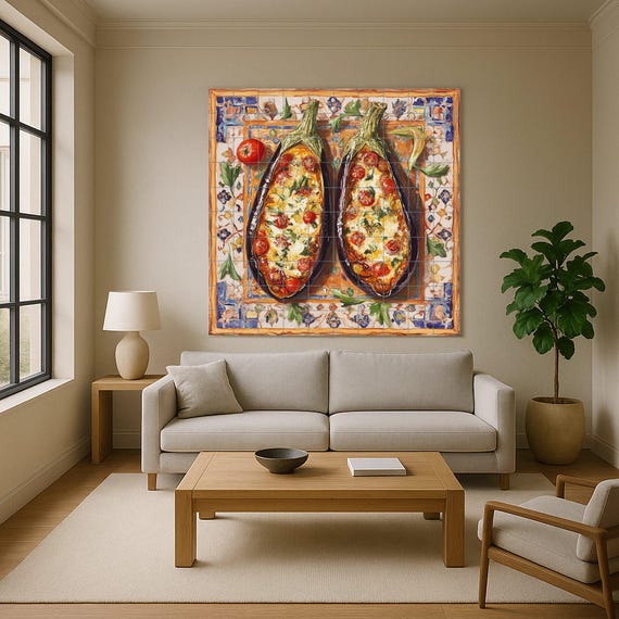 Mural de azulejos de cerámica mediterránea con berenjenas al horno, arte popu…