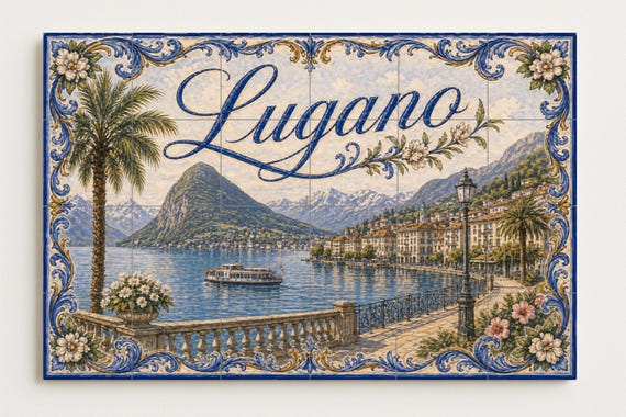 Mural de azulejos de cerámica de Lugano, Suiza, arte mural del lago de Lugano… — vista 4