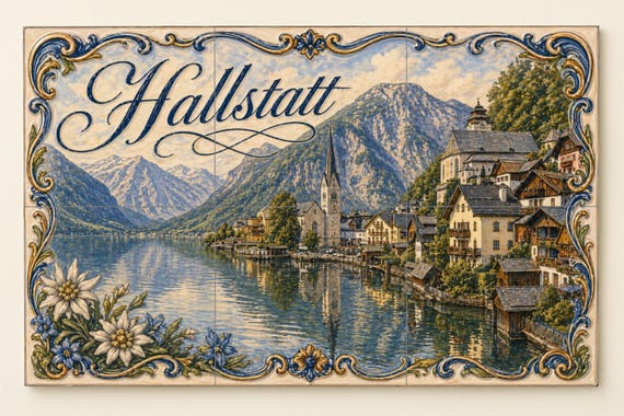 Mural de azulejos de cerámica de Hallstatt, pueblo alpino junto al lago en Au… — vista 3