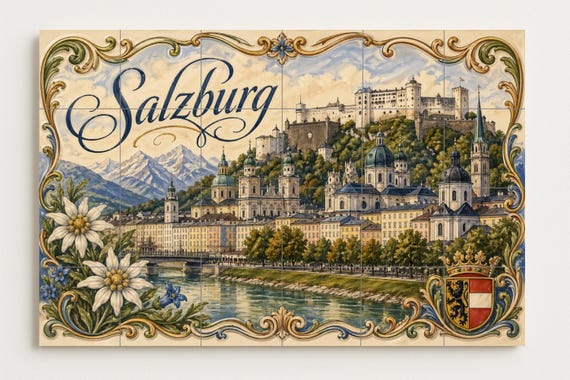 Mural de azulejos de cerámica de la fortaleza de Hohensalzburg en Salzburgo, … — vista 4