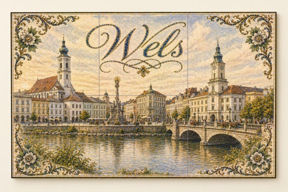 Mural de azulejos de cerámica de Wels, Austria, arquitectura histórica ribere… — vista 4
