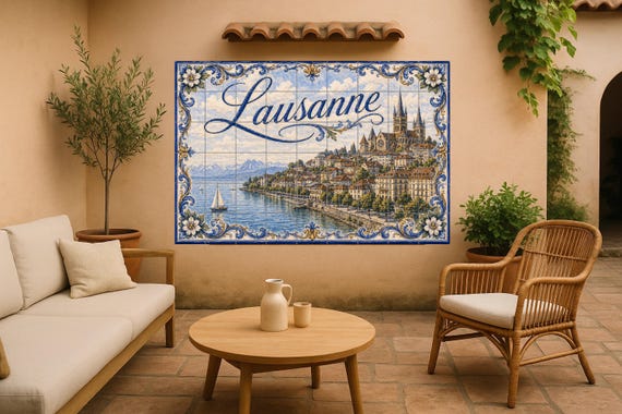 Mural de azulejos de cerámica de Lausana, Suiza; arte mural del lago Lemán; d…