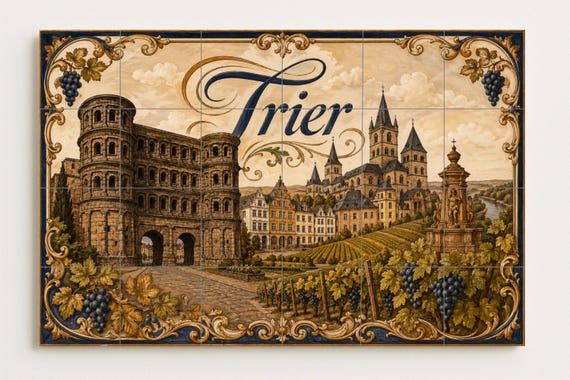 Mural de azulejos de cerámica de Trier, Alemania, arte mural de paisaje urban… — vista 2