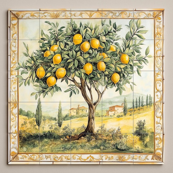 Mural de pared de cerámica de limonero con paisaje toscano y borde dorado, ar…