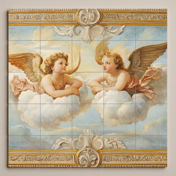 Mural cerámico de ángeles querubines renacentistas, inspirado en los putti de… — vista 4