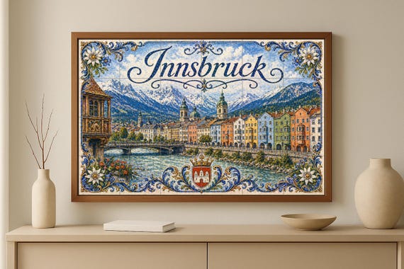 Mural de azulejos de cerámica en los Alpes de Innsbruck, Austria, coloridas c… — vista 2
