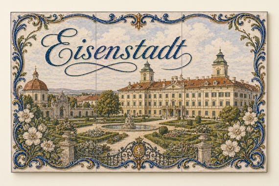 Mural de azulejos de cerámica de Eisenstadt, Austria, arte mural barroco del …