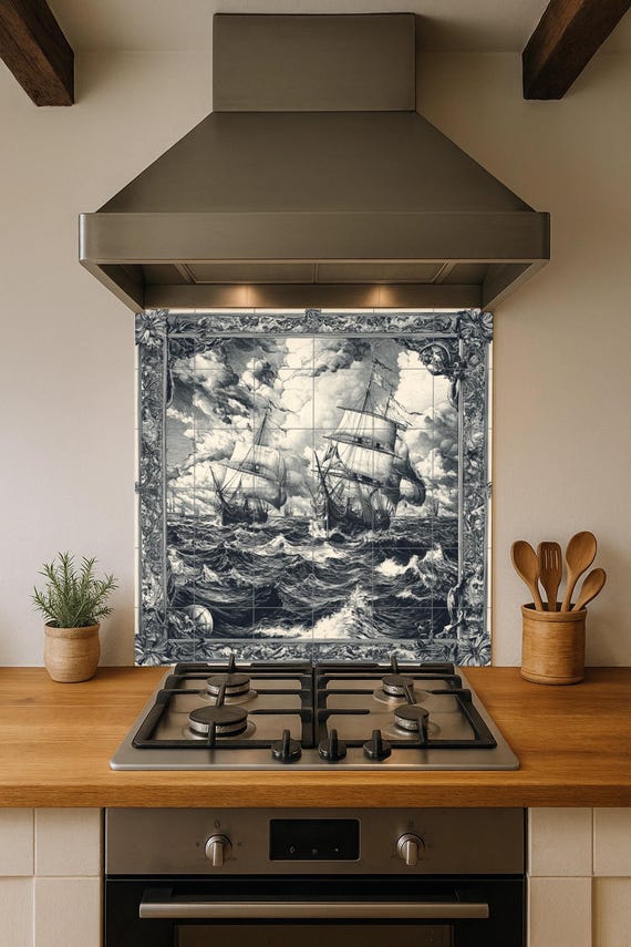 Mural de pared de cerámica de velero náutico con olas tempestuosas, arte de a… — vista 2