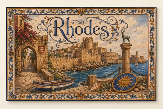 Mural de azulejos de cerámica de Rodas, Grecia, arte mural griego medieval, p… — vista 4
