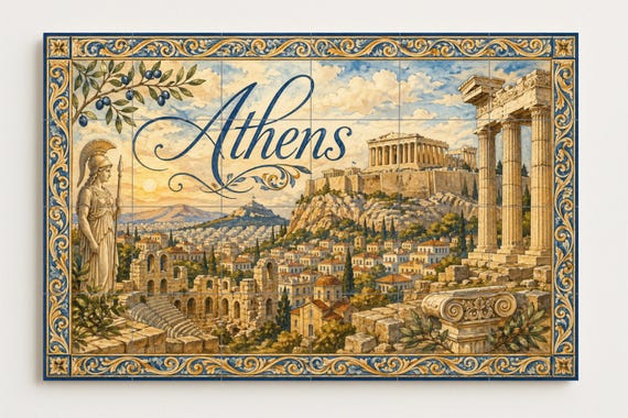 Mural de azulejos de cerámica de la Acrópolis de Atenas, arte mural de la ant… — vista 2