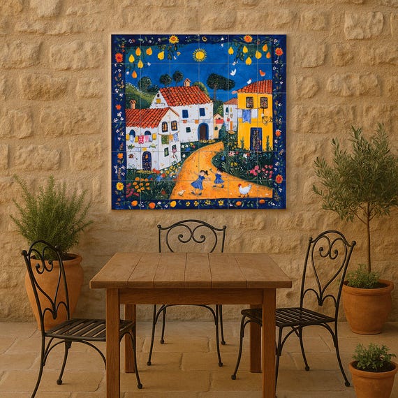 Mural de cerámica de arte naif portugués con casas con techo de terracota, un… — vista 2