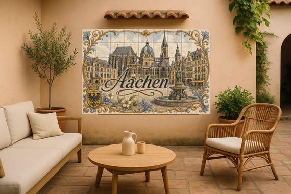 Mural de azulejos de cerámica de la catedral de Aquisgrán, arte mural con pai…