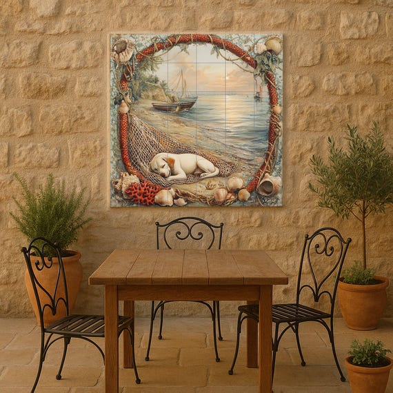 Mural de azulejos de cerámica con un cachorro junto al mar — vista 2