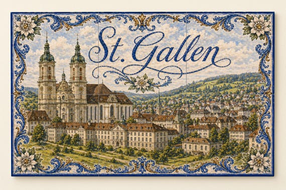 Mural de azulejos de cerámica de San Galo, Suiza, arte mural de la histórica … — vista 3