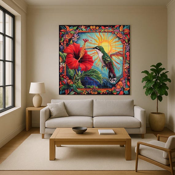 Mural de pared de cerámica de colibrí caribeño con flor de hibisco, sol radia…