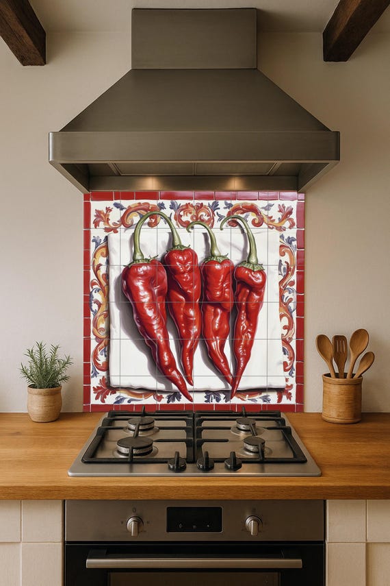 Mural de azulejos de cerámica rústica con chiles rojos, arte mural de peperon… — vista 2